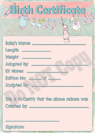 Reborn Doll Birth Certificate ~ Girl ~ Bunnies on Washing Line